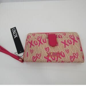 XOXO Women's Wristlet Wallet Clutch Zip Around Beige Magenta Pink Gold Logo NWT